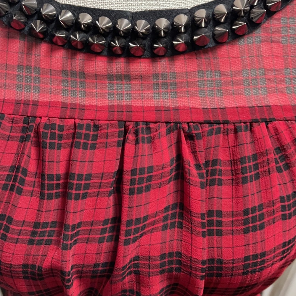 Red and black plaid sheer hi low dress sz S